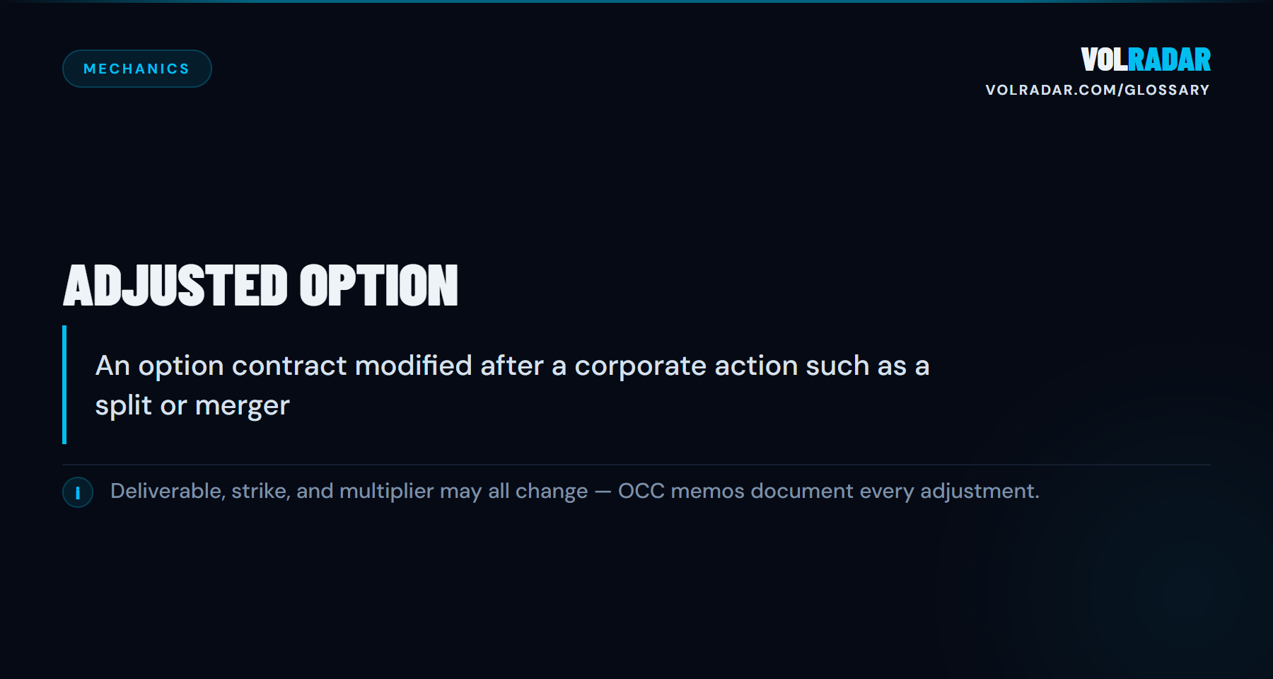 Adjusted Option — terms modified by corporate actions, non-standard contract size or strike. VolRadar