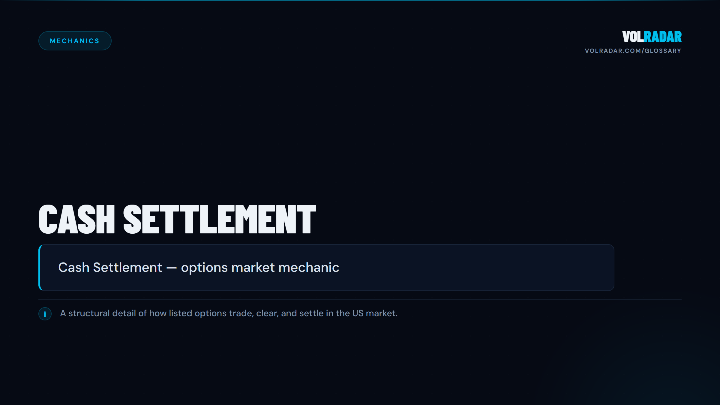 Cash Settlement — difference paid in cash, no shares delivered, used for index options. VolRadar