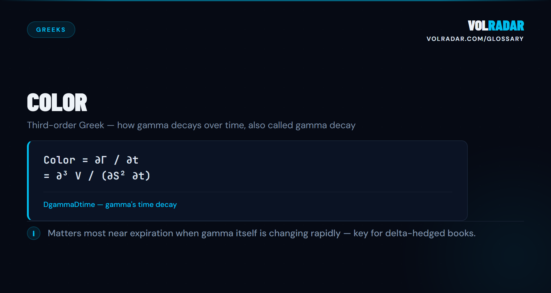 Color â€” Third-order Greek â€” how gamma decays over time, also called gamma decay. VolRadar