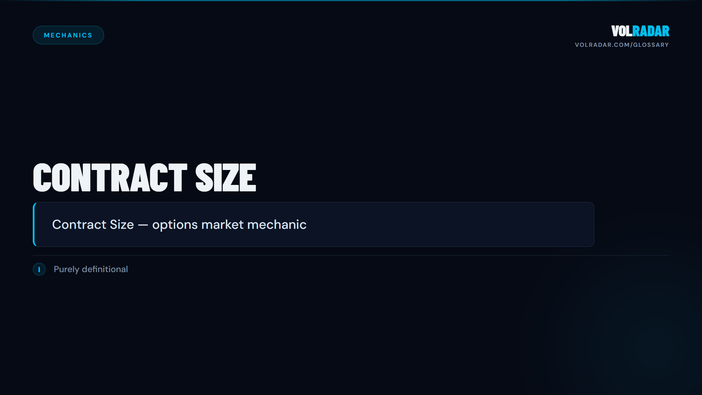 Contract Size — number of shares per option contract, standard is 100 shares. VolRadar