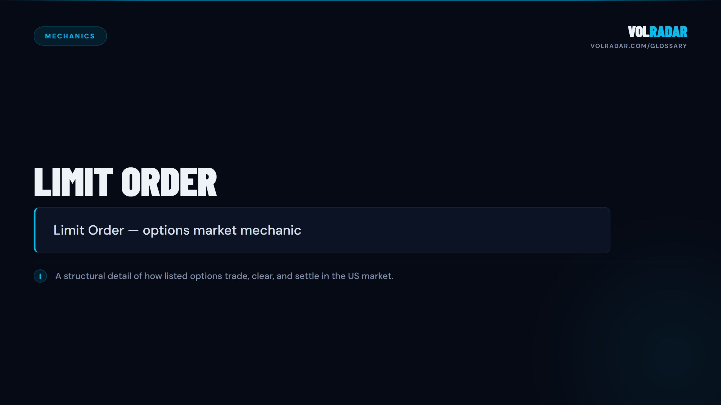 Limit Order â€” buy or sell at a specified price or better, standard for options trading. VolRadar