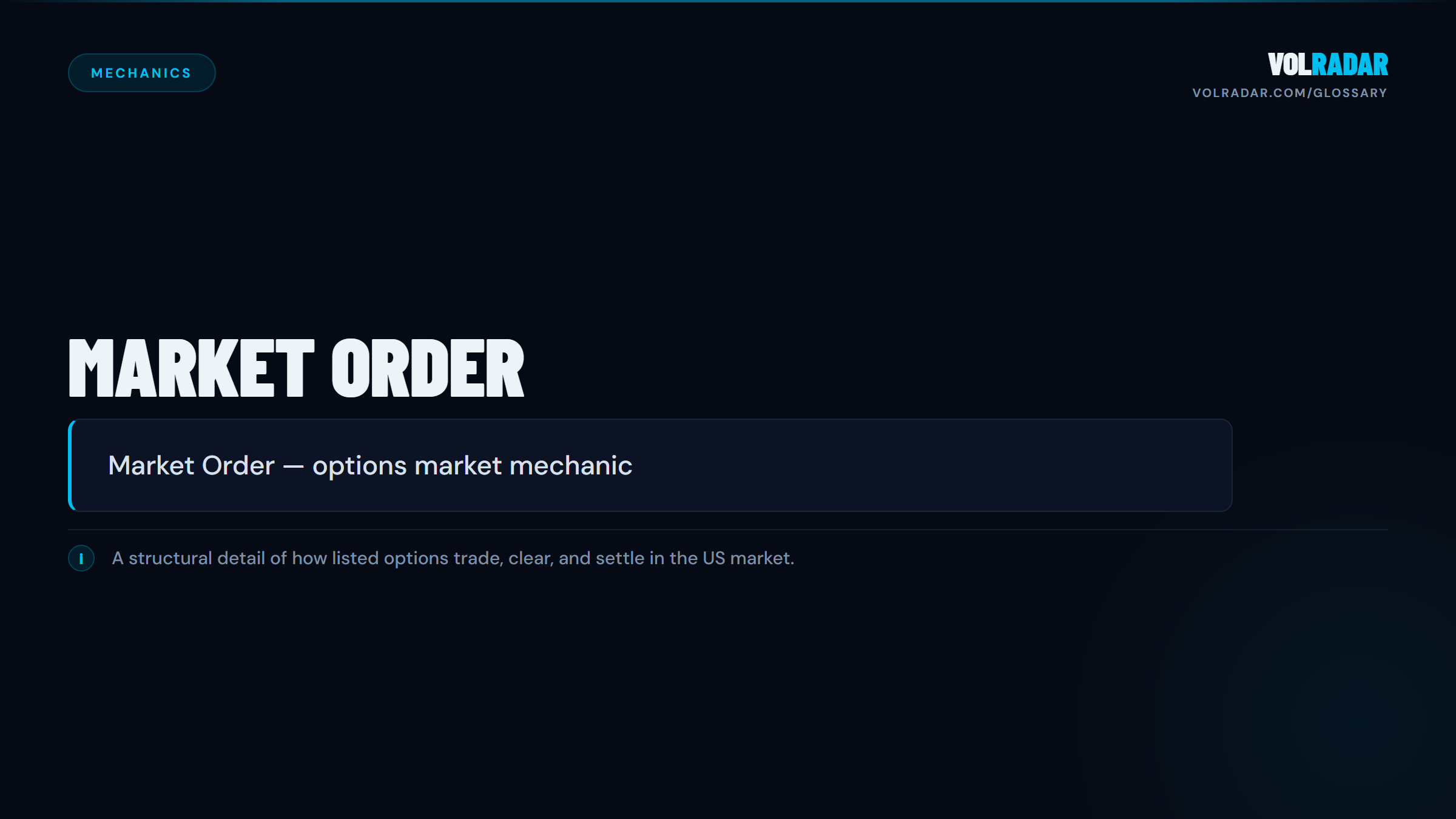 Market Order â€” immediate execution at best available price, risky for options with wide spreads. VolRadar