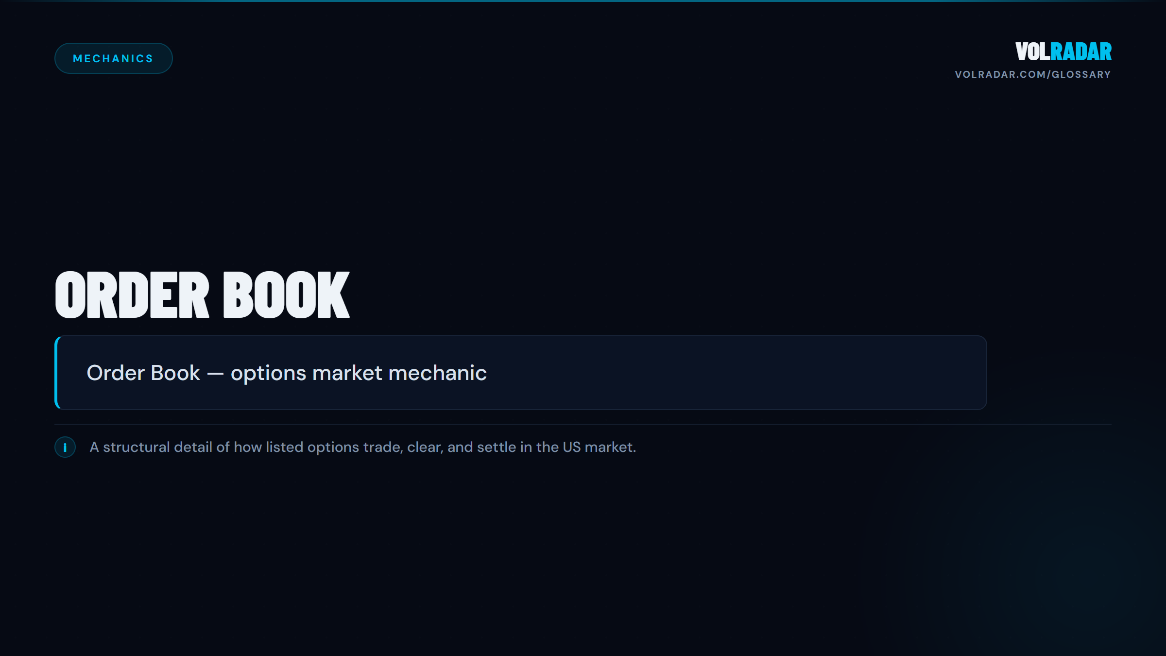 Order Book â€” real-time list of all resting buy and sell orders at each price level. VolRadar