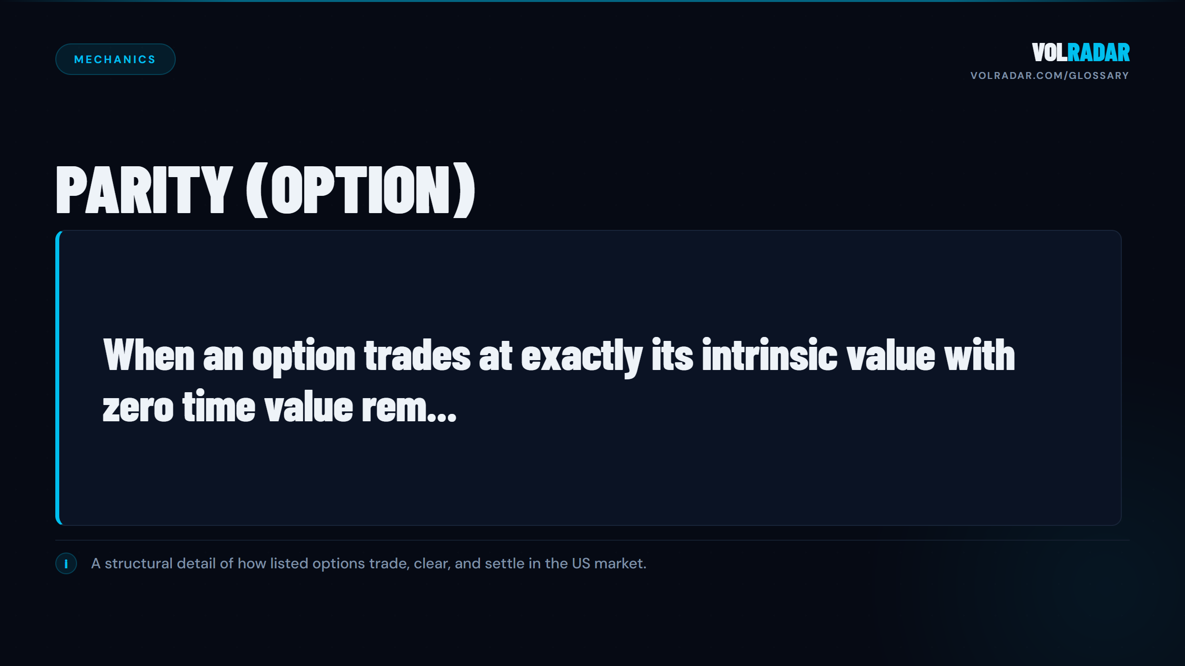Parity — option trading at exact intrinsic value with zero extrinsic. VolRadar