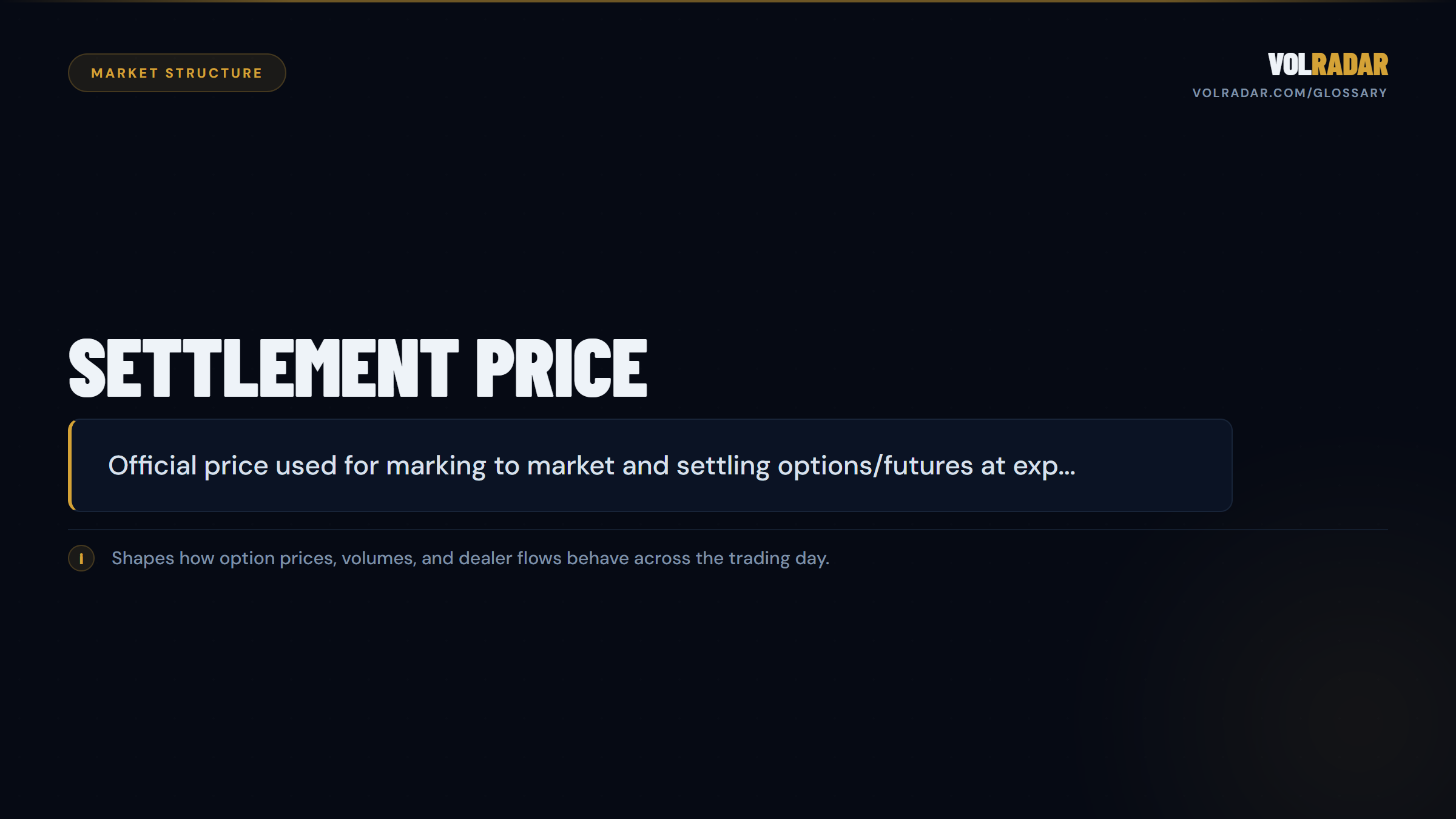Settlement Price â€” official expiration reference price. VolRadar
