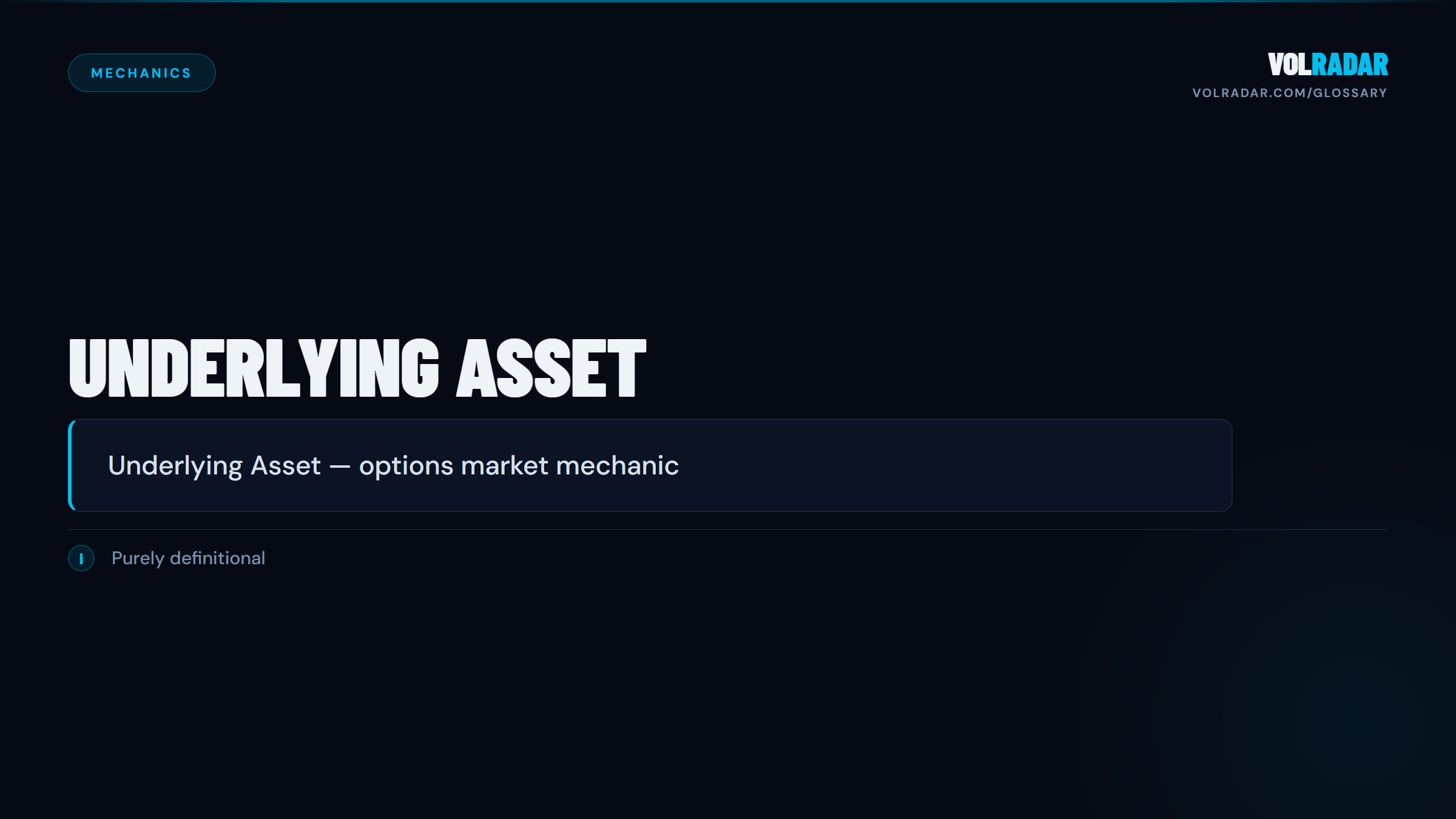Underlying Asset — the stock, ETF, or index that an option contract derives its value from. VolRadar