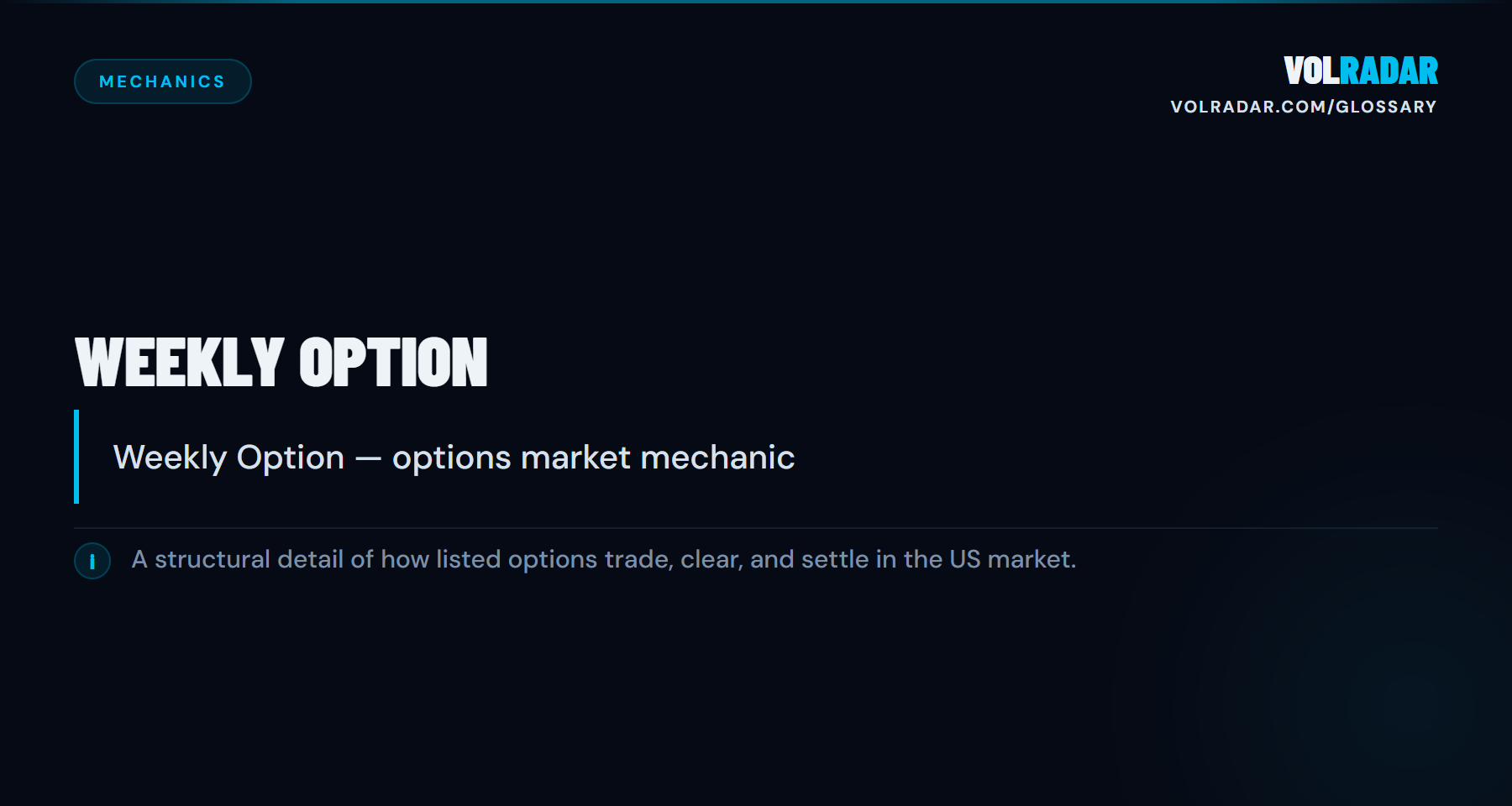 Weekly Option — expires every Friday, precise DTE targeting with typically thinner liquidity. VolRadar